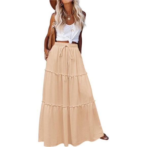 Womens Maxi Skirts, Flowy Skirt with Pockets Khaki - Picture 1 of 5